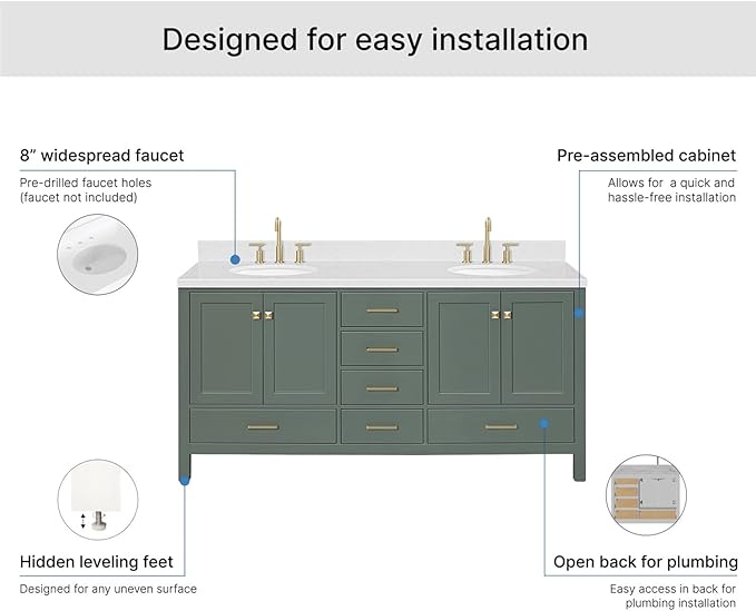 ARIEL Cambridge 72-inch Bathroom Vanity with Sink,Solid Wood, 1.5-inch Carrara White Quartz Countertop, Double Oval Porcelain Sink, 4 Soft Closing Doors, 6 Dovetail Drawers, Vintage Green