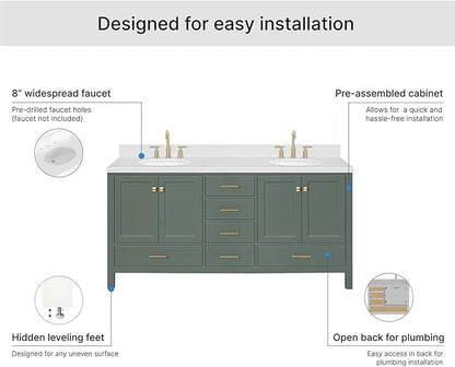ARIEL Cambridge 72-inch Bathroom Vanity with Sink,Solid Wood, 1.5-inch Carrara White Quartz Countertop, Double Oval Porcelain Sink, 4 Soft Closing Doors, 6 Dovetail Drawers, Vintage Green