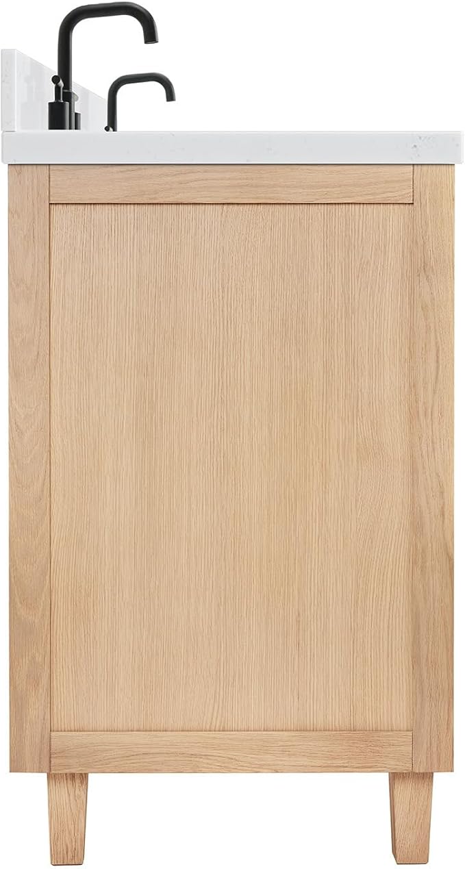 ARIEL Monroe 66-inch Bathroom Vanity with Sink,Solid Wood, 1.5-inch Carrara White Quartz Countertop & Backsplash, Double Oval Porcelain Sink, 9 Dovetail Drawers, Matte Black, White Oak