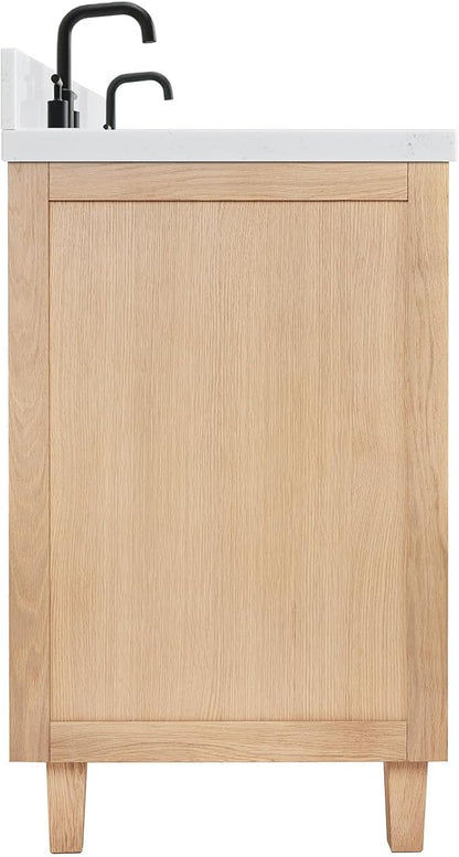 ARIEL Monroe 66-inch Bathroom Vanity with Sink,Solid Wood, 1.5-inch Carrara White Quartz Countertop & Backsplash, Double Oval Porcelain Sink, 9 Dovetail Drawers, Matte Black, White Oak