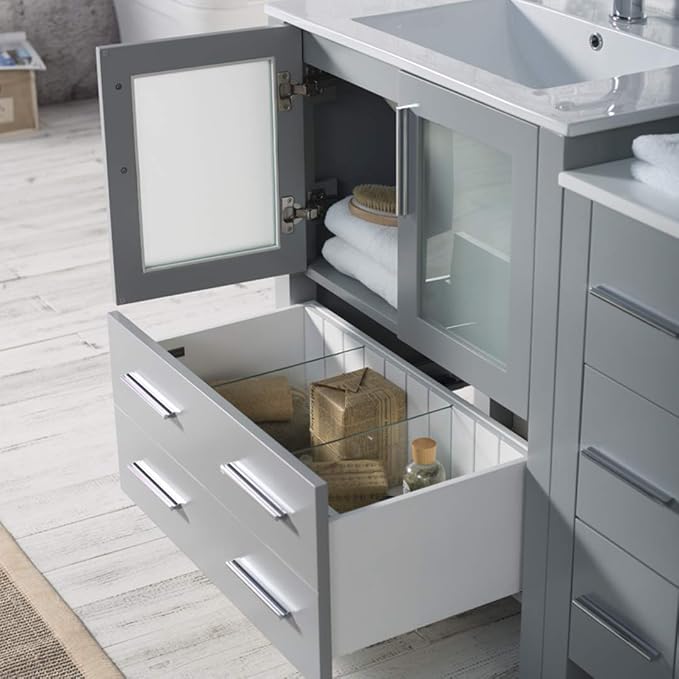 Blossom 72" Solid Wood Double Sink Bathroom Vanity with Side Cabinet | Metal Grey Master Bath Furniture | Anti-Warp Painted Finish, Soft-Close Full Extension Drawers & Tempered Glass Modern Style