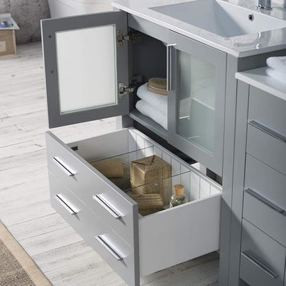 Blossom 72" Solid Wood Double Sink Bathroom Vanity with Side Cabinet | Metal Grey Master Bath Furniture | Anti-Warp Painted Finish, Soft-Close Full Extension Drawers & Tempered Glass Modern Style