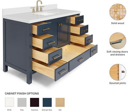 ARIEL Cambridge 54-inch Bathroom Vanity with Sink,Solid Wood, 1.5-inch Pure White Quartz Countertop, Single Rectangular Porcelain Sink, 2 Soft Closing Doors, 9 Dovetail Drawers, Midnight Blue