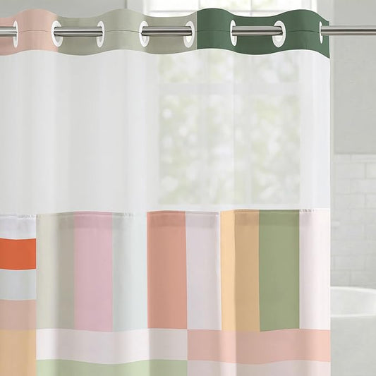 Americanflat 72x75 Hookless Shower Curtain - Water-Resistant Modern Stripe Shower Curtain with Sheer Panel, Snap-In Liner, and Grommets - 100% Polyester - Pink, Sage Green, Terracotta, Peach and White