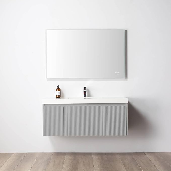 Blossom Wall Mounted 48 Inch Bathroom Vanity with Sink | All Wood Floating Bathroom Vanity Cabinet with Acrylic Sink, Soft-Close Drawer, Modern Minimalist Style Vanities for Bathroom (Light Grey)