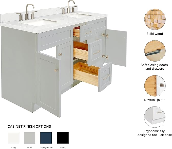 ARIEL Hamlet 60-inch Bathroom Vanity with Sink,Solid Wood, 1.5-inch Carrara White Quartz Countertop & Backsplash, Double Rectangular Porcelain Sink, 4 Soft Closing Doors, 3 Dovetail Drawers, Grey