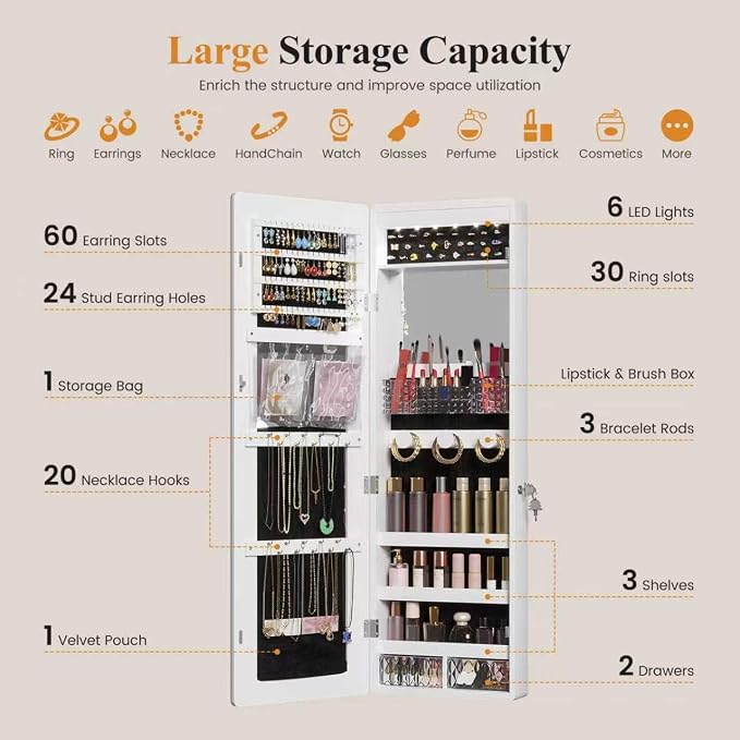 LVSOMT Over the Door Jewelry Organizer with Mirror Door Mirror with Storage | Jewelry Mirror Cabinet with Large Capacity, 6 LED Lights,Velvet Lining, Space-Saving for Bedroom, Cloakroom, Gift Women Girls