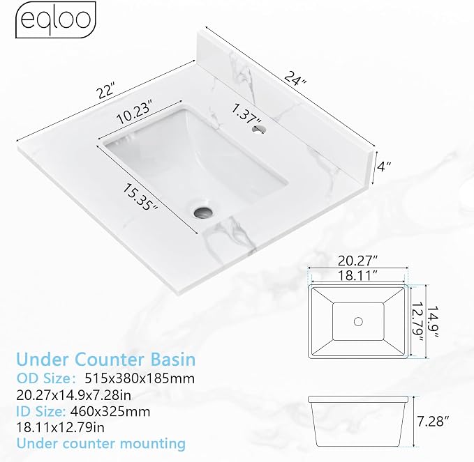 24 in. W x 22 in D Quartz Vanity Top in Calacatta Rocky, Vanity Sink Top with Assembled Single Drop-in Sink, Pre-Drilled Single Faucet Hole Countertop with 4" H Backsplash