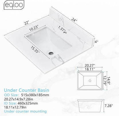 24 in. W x 22 in D Quartz Vanity Top in Calacatta Rocky, Vanity Sink Top with Assembled Single Drop-in Sink, Pre-Drilled Single Faucet Hole Countertop with 4" H Backsplash