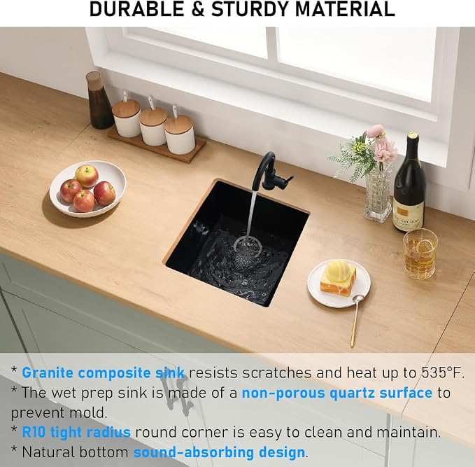Black Undermount Bar Sink, 13 x 13 Inch | Granite Composite Quartz Small Kitchen Sink Wet Bar Single Bowl Deep Basin with Countertop Squeegee Brush Combo