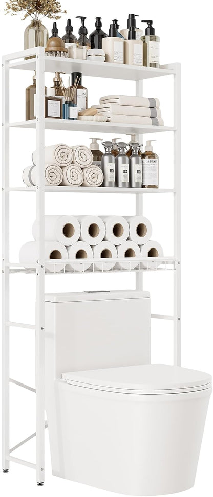 4-Tier Over-the-Toilet Storage Rack with One-Piece Wooden Shelves & Open Net Basket, Bathroom Organizer with Adjustable Feet & Anti-Tip Kit, Space-Saving Toilet Shelf, White, 24.4" x 9.4" x 69.3"