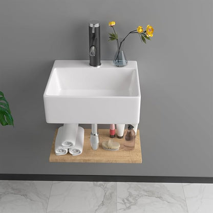13 Inch Wall Mounted Bathroom Sink, White 13" x 11" Compact Ceramic Wall Mount Vessel Sink Basin, Rectangular Small Bathroom Sink for Powder Room, RV, Apartment, Guest Bathroom