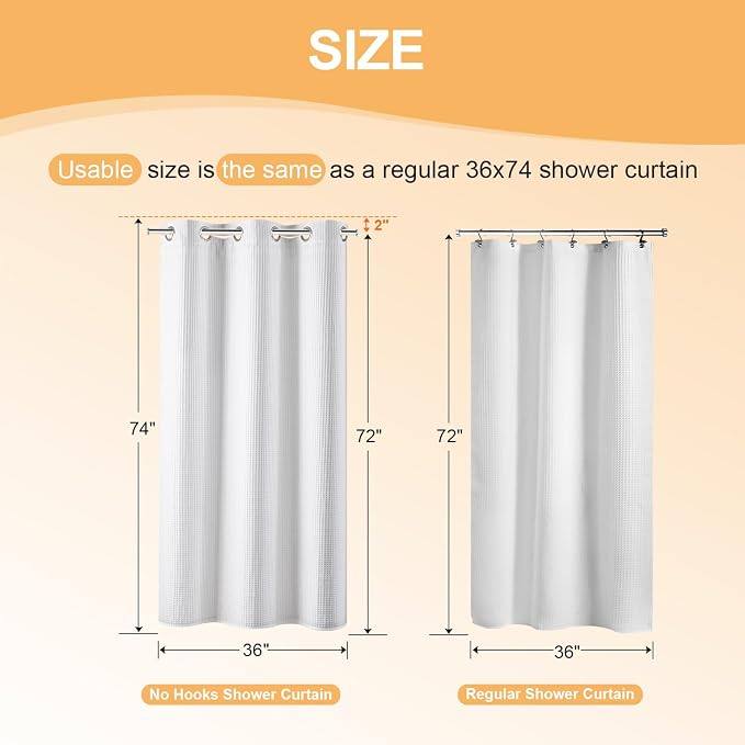 River Dream Cotton Blend No Hook Shower Curtain with Liner, White, 36x74 | with Snap in Liner, Heavyweight Waffle, Hotel Grade for Stall Bathroom, Water Repellent, Corner Magnets, Machine Washable