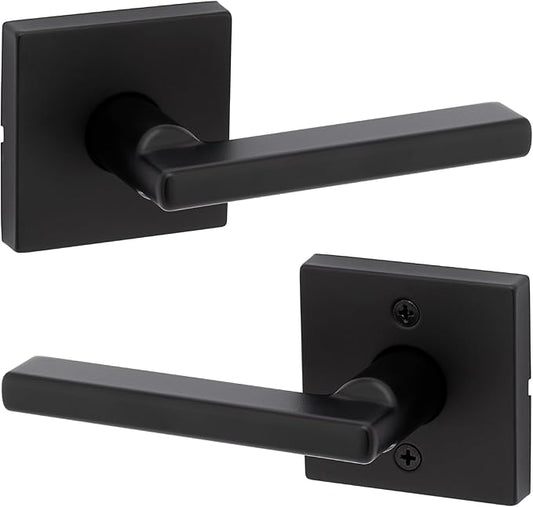 Kwikset Halifax Interior Passage Door Handle, Lever For Closet and Hallway Doors, Reversible Non-Locking Handle Lever, Matte Black, with Microban Protection, Square Rose