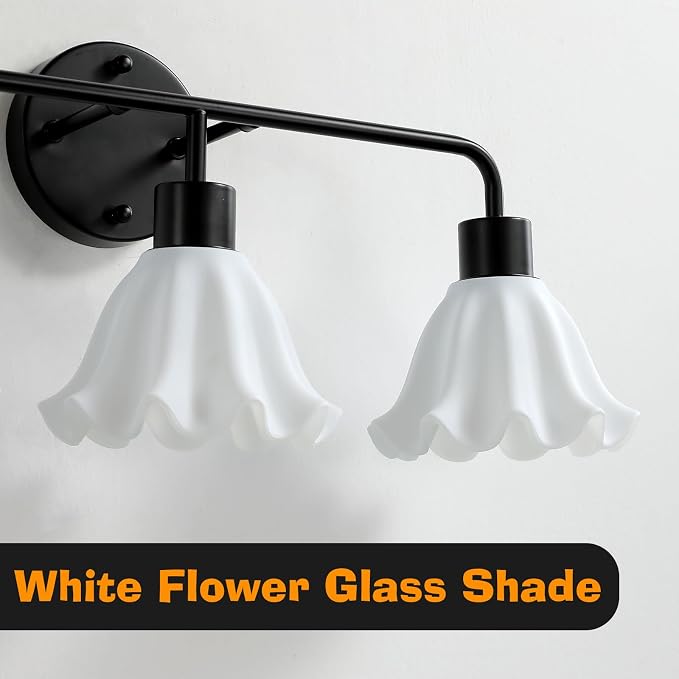 2 Light Black Bathroom Light Fixture,Modern Black Vanity Lighting Over Mirror,Cute White Glass Flower Lampshade,Wall Sconces,E26 Socket(Bulbs Not Included)