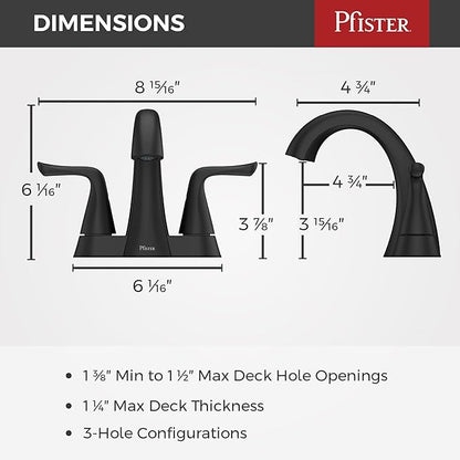 Pfister Willa Bathroom Sink Faucet, 4-Inch Centerset, 2-Handle, 3-Hole, NSF Certified, Spot Defense Matte Black Finish, LF048MALSDB