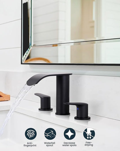WOWOW Waterfall Bathroom Faucet 3 Hole: 8 Inch Widespread Bathroom Sink Faucet, Matte Black Bathroom Faucet Two Handles Lavatory Vanity Sink Faucets with Pop-up Drain & Supply Hoses