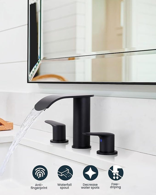 WOWOW Waterfall Bathroom Faucet 3 Hole: 8 Inch Widespread Bathroom Sink Faucet, Matte Black Bathroom Faucet Two Handles Lavatory Vanity Sink Faucets with Pop-up Drain & Supply Hoses