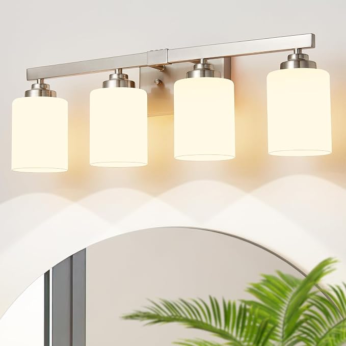 Bathroom Light Fixtures, Vanity Light Over Mirror Nickel 4-Light Fixture | Modern bathroom vanity light fixture with metal frame, ideal for mirrors, bedrooms and hallways. Fits E26 bulbs.