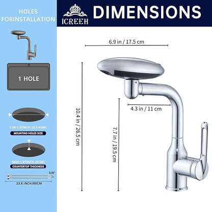 Bathroom Sink Faucet 1 Hole, Chrome Multifunctional Basin Faucet with 4 Water Outlet Modes, Modern 360°Rotatable Bar Tap with Two Water Supply Pipes