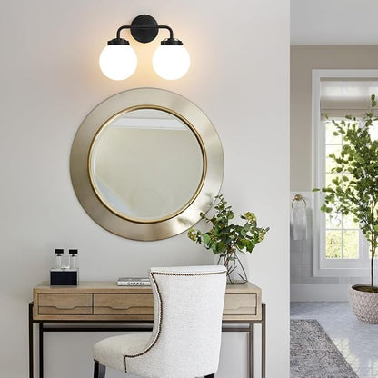 Bathroom Light Fixtures 14in 2-Light Matte Black Vanity Lights for Mirror | Dimmable Bathroom Lighting Fixtures over Mirror, ETL, E12 Base Max 60W, Modern Wall Sconce, Milky White Glass Ball Shades