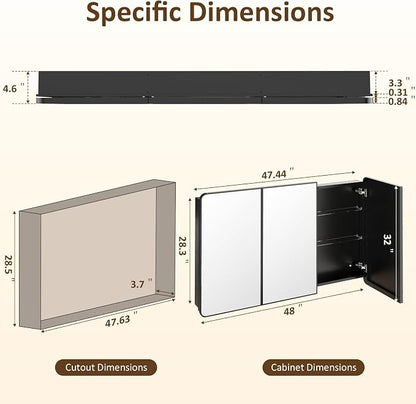 Medicine Cabinet Mirror 48x32 Inch, Triple-Door Bathroom Mirror Cabinet with Glass Adjustable Shelves, 3-Compartment Bathroom Mirror with Storage Recessed or Wall Mount