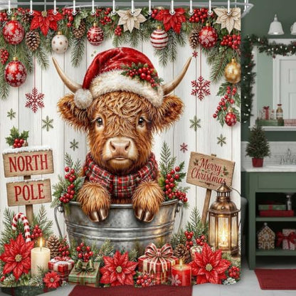 Christmas Highland Cow Shower Curtain Rustic Cute Holiday Bathroom Decor