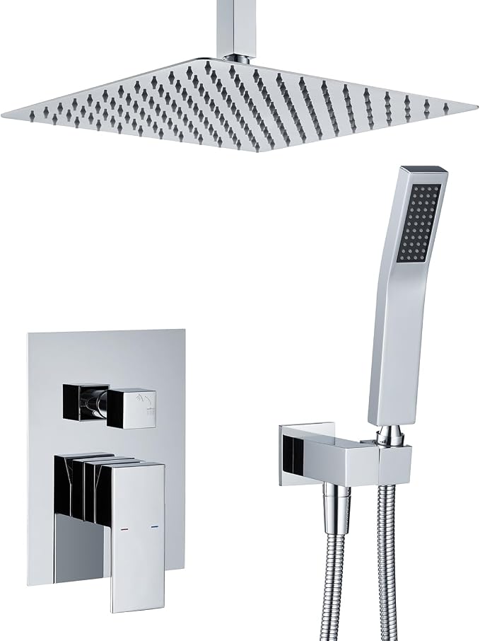 Shower System 12 Inches Rain Shower Combo Set Chrome Ceiling Mount Shower Faucet Bathroom Faucets with Rainfall Shower Head and Hand Shower