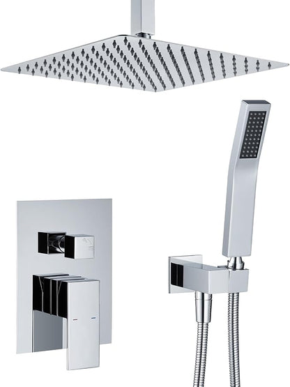 Shower System 12 Inches Rain Shower Combo Set Chrome Ceiling Mount Shower Faucet Bathroom Faucets with Rainfall Shower Head and Hand Shower