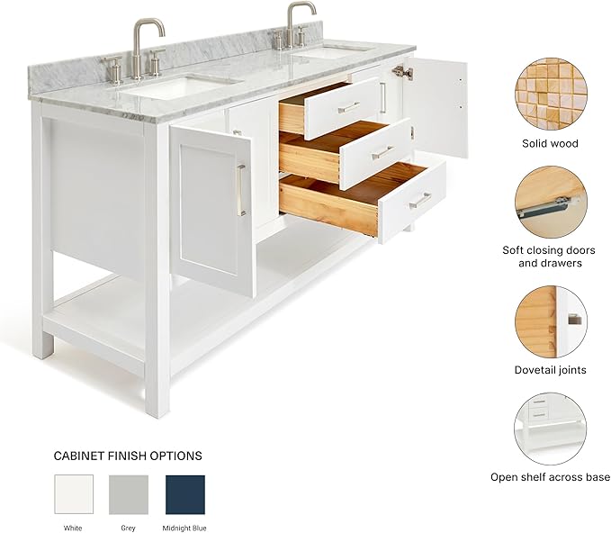 ARIEL Magnolia 72-inch Bathroom Vanity with Sink,Solid Wood, 0.75-inch Italian Carrara Marble Countertop, Double Rectangular Porcelain Sink, 4 Soft Closing Doors, 3 Dovetail Drawers, White