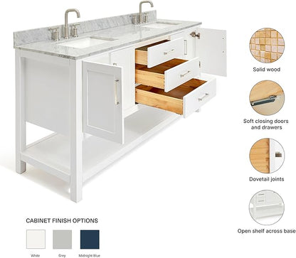 ARIEL Magnolia 72-inch Bathroom Vanity with Sink,Solid Wood, 0.75-inch Italian Carrara Marble Countertop, Double Rectangular Porcelain Sink, 4 Soft Closing Doors, 3 Dovetail Drawers, White
