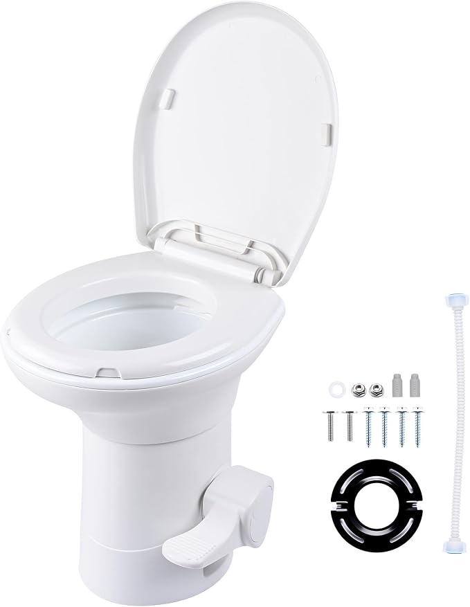 AW RV Toilet Porcelain Enamel & HDPE Gravity Flush Camper Trailer Toilet | Elongated 20" High Profile Foot Pedal Flush Motorhome Caravan