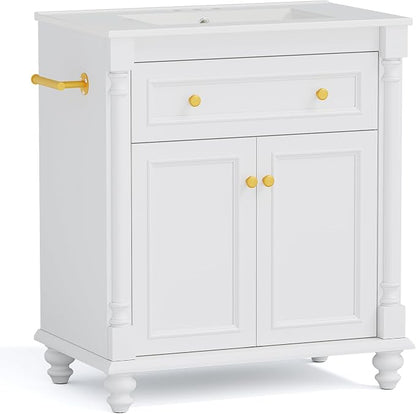YESHOMY 30" Bathroom Vanity with Sink, Bathroom Storage Cabinet | Bathroom Vanity, Solid Wood, Integrated Ceramic Basin, 1 Flip-Down Drawer, 2 Doors & Adjustable Shelf, Milk White