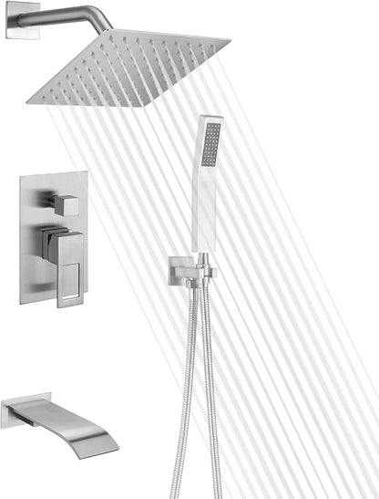 SUMERAIN Brushed Nickel Shower System with Waterfall Tub Spout | Anti-scalding Pressure Balanced Cartridge, Tub Shower Faucet, 8" Rain Shower Head, Brass Hand Shower, Rough-In Valve Included