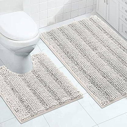 2-Piece Bathroom Rug Set with U-Shaped Mat, Soft Absorbent Chenille, Ivory