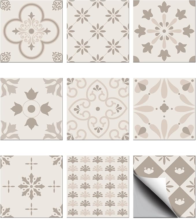 CHGCRAFT 36PCS Pastel Floral Tile Stickers Geometric Peel and Stick Wall Stickers Waterproof Self Adhesive Stick on Tile Decals for Kitchen Bathroom Wall Art Decor, 4x4 Inches