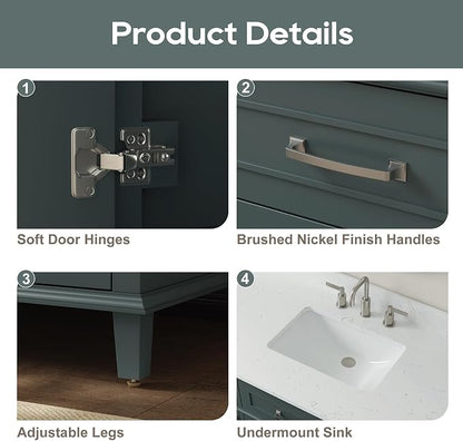 60 Inch Bathroom Vanity with Sink, Fully Assembled, Green | Solid Wood Single Sink Bathroom Vanity, Modern Bathroom Sink Cabinet, Soft Close Doors & Dovetail Drawers, 0.78" Stone Top