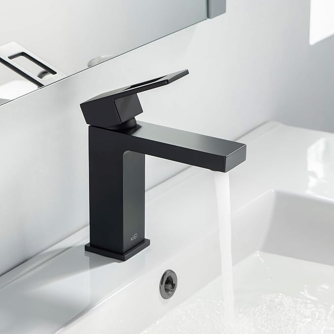 KBF1002 Solid Brass Single Handle Bathroom Sink Faucet, High Arc Cubic Spout Lavatory Faucet in Matte Black | Corrosion-Resistant, Modern Design, Easy to Install