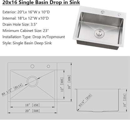 20 Inch Drop In Bar Sink Stainless Steel Small Kitchen Outdoor Sink | 20 x 16 Small Drop In Kitchen Sink Top Mount 16 Gauge Single Bowl Rv Kitchen Sink with Drianer
