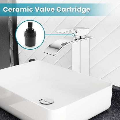 gotonovo Waterfall Tall Bathroom Faucet 1 Hole No Drain, Polish Chrome | Modern Vessel Sink Faucet Single Handle 304 Stainless Steel,24” cUPC Supply Hoses,for Bowl Basin Lavatory Vanity Restroom RV