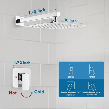 Polished Chrome Shower Faucet Set, 10 Inch Rain Shower System with Valve | Complete Rain Shower Set with Valve, Single Handle Wall Mount Design