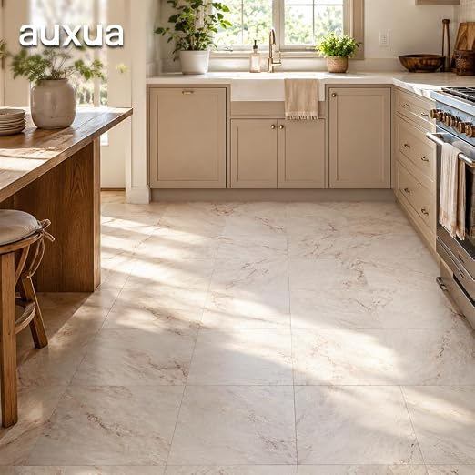 Marble Grain 12x12 Peel and Stick Floor Tile, Creamstone Marble, 10 PCS | NO Grout, NO Mess, For Kitchen, Bathroom Update, Non-Slip & Scratch-Resistant