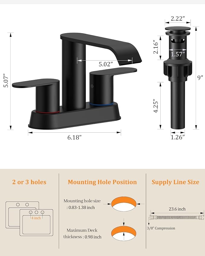 Matte Black Bathroom Faucet Waterfall 4 Inch Centerset Bathroom Sink Faucet | Stainless Steel with Pop up Sink Drain Stopper Supply Hose Basin Mixer Tap for Vanity RV 2 or 3 Hole Sink by Homevacious