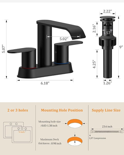 Matte Black Bathroom Faucet Waterfall 4 Inch Centerset Bathroom Sink Faucet | Stainless Steel with Pop up Sink Drain Stopper Supply Hose Basin Mixer Tap for Vanity RV 2 or 3 Hole Sink by Homevacious