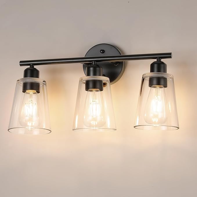 TALOYA 19 Inch Brushed Black Bathroom Light Fixtures with Thickend Clear Tapered Glass Shade, 3-Light Modern Vanity Light Over Mirror for Bathrooms, Bedrooms (Bulbs Not Included)