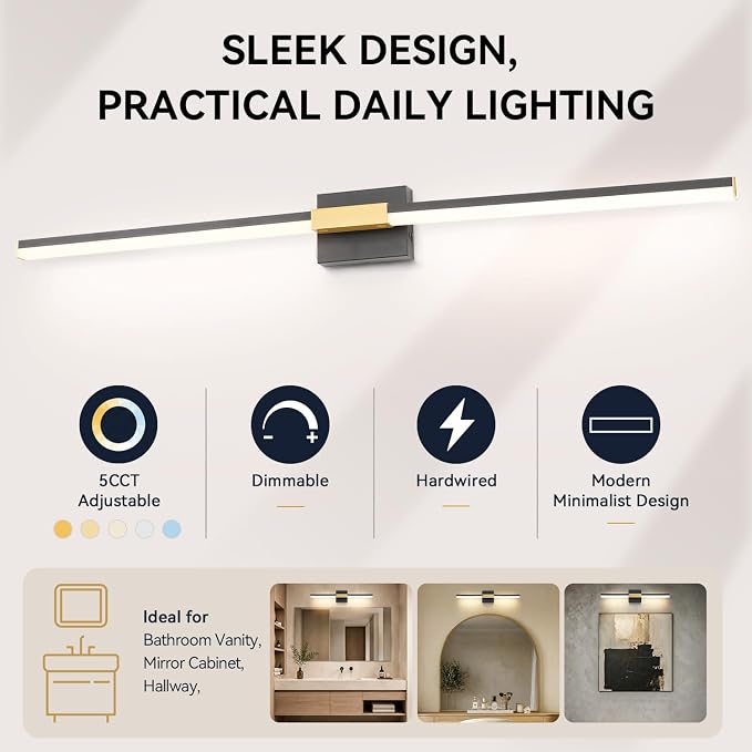 SOLFART Bathroom Vanity Lights 48-Inch: Black and Gold 5CCT Dimmable Bathroom Lights Over Mirror, Solid Frosted Acrylic, Built-in Dimmer, CRI88 Soft Light, ETL IP44