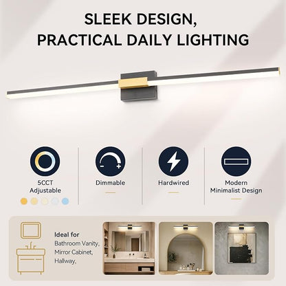 SOLFART Bathroom Vanity Lights 48-Inch: Black and Gold 5CCT Dimmable Bathroom Lights Over Mirror, Solid Frosted Acrylic, Built-in Dimmer, CRI88 Soft Light, ETL IP44