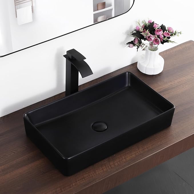 Black Vessel Sink Rectangle 24"x14" Bathroom Sink Above Counter Porcelain Ceramic Small Sink Bowl Ceramic Vessel Sinks for Bathrooms