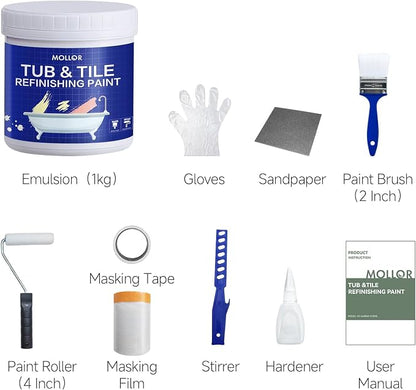 Tub and Tile Refinishing Kit with Tools, 35oz White Tile Paint Water Based & Low Odor, DIY Bathtub Paint, Easy to Use for Bathroom, Kitchen, Porcelain, Floor, Semi-Gloss White,50-60sq.ft