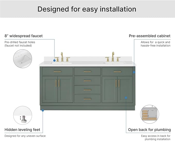 Isabella 72-inch Vintage Green Bathroom Vanity with Left & Right Rectangle Double Sinks, Carrara White Quartz Countertop & Backsplash, Solid Wood Frame, Soft-Closing & Dovetail Drawers